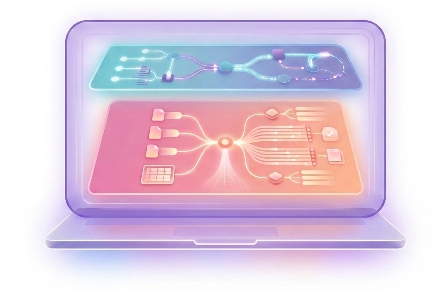 Swarmix local architecture: workplace apps flow into Studio and Hive layers, sanitised data flows out to AI vendors, intelligence rises to the Orchestrator